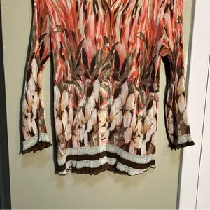 Nicola‎ Women's Size Large Pleated Plisse Blouse Brown Pink Abstract Floral thumbnail 3