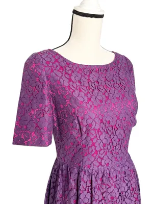 Adrianna Papell Purple Pink Lace Overlay Fit Flare Dress A Line Size 6 thumbnail 4