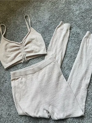 Tic Toc Ruched Knit Two-Piece Loungewear Set in Light Beige thumbnail 1