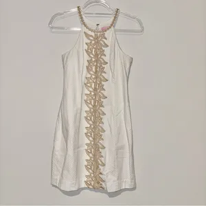 Lilly Pulitzer Parker Palm Shift Dress Resort Embroidery Halter white‎ gold 2 thumbnail 2