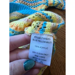 LUSH Blue Yellow Multi Crochet Knit Bell Sleeve Sweater Top Size M‎ thumbnail 6