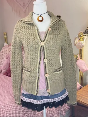 Y2K Tan Knit Button thumbnail 1