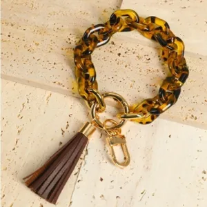 Tortoise Shell Acrylic Key Ring Bracelet Wristlet Tassel Brown Gold NWT thumbnail 4