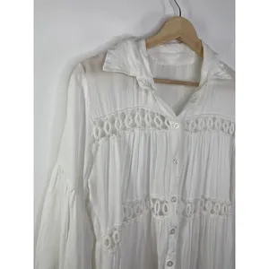 White Cotton Button Front‎ Tunic Boho Lace Eyelet Dress One Size Long Sleeve OS thumbnail 4