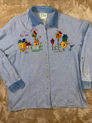 Quaker Factory Blue Gingham Button-Up Shirt with Embroidered Birdhouses thumbnail 1
