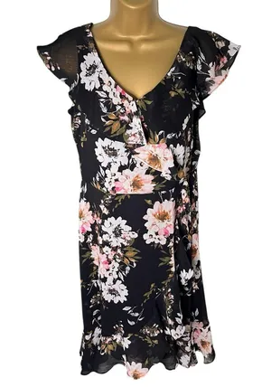 London Times Petites Floral Ruffle Trim Faux Wrap Dress Black Blush 10P thumbnail 2
