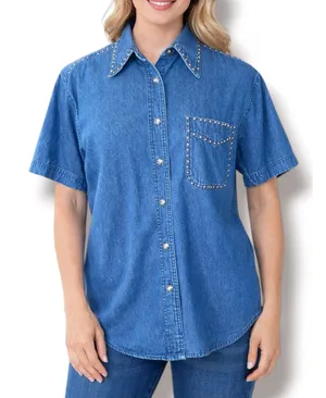 Vintage Studded Denim Western Shirt Medium Blue 90s Boho Festival‎ Cowgirl Top thumbnail 1