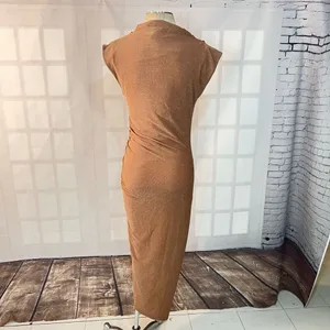 Dress Forum Tan Metallic Glitter High Neck Ruched Slit Bodycon Midi Dress Small thumbnail 8