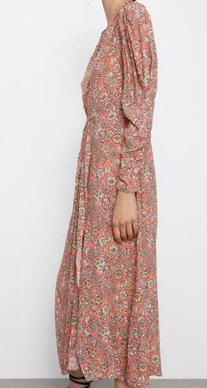 Zara FLORAL PRINTED DRAPED MIDI Flowy DRESS Long Sleeve Puff Shoulders Sz XS NEW thumbnail 10