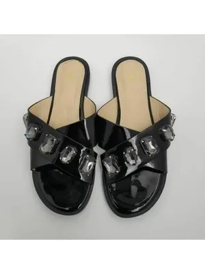 Womens Stone Jeweled Slip On Flat Slide Sandals Rhinestones Black Size 38 thumbnail 5