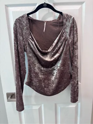 Free People Velvet Long-Sleeve Drape Neck Top - Taupe size Small thumbnail 6