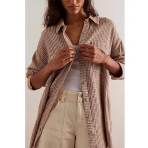 Free People Large Freddie Menswear Oversized Shirt Jacket Shacket Neutral Plaid thumbnail 3