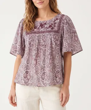 Lucky Brand Blouse Womens M Boho Paisley Purple Embroidered Flutter Excellent thumbnail 1