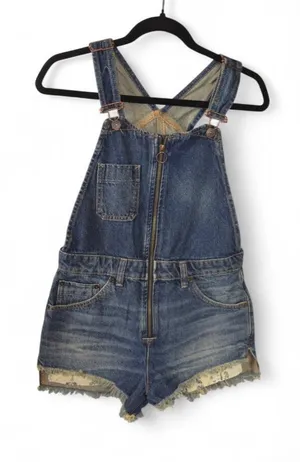 Free People Denim Overalls Romper Size: 2 Blue Zip Front Frayed Shorts Pockets thumbnail 1