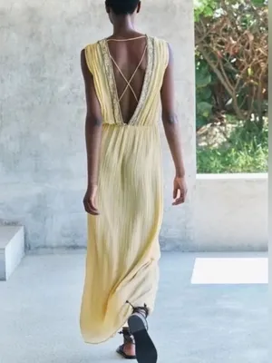 Zara NWT embellished beaded trim light yellow Sleeveless Maxi Dress thumbnail 12