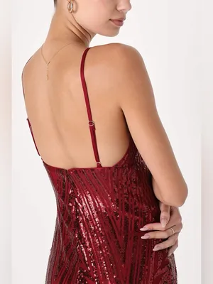 Lulu's Ever So Elegant Shiny Burgundy Sequin Mermaid Maxi Dress thumbnail 5