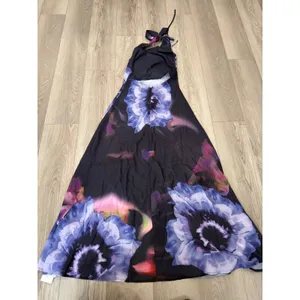 Commense Resort Dark Fairy Floral Print Semi Sheer Backless Halter Black Maxi XS thumbnail 4