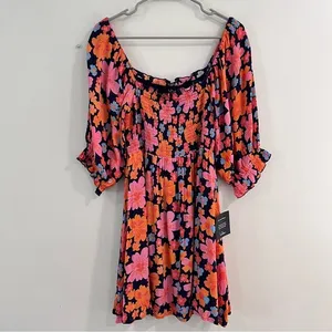 NWT Lulus Pollen in Love Navy Blue Floral‎ Puff Sleeve Mini Skater Dress SMALL thumbnail 5