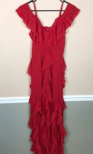 PrettyLittleThing Women’s Red Ruffle Off the Shoulder Leg Slits Maxi Dress thumbnail 1