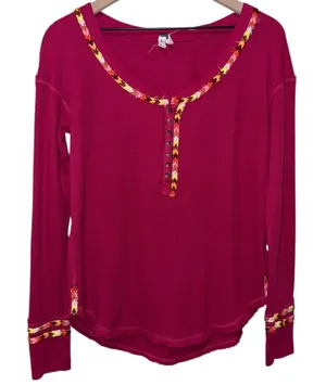 We The Free People Rainbow Thermal Henley Top Oversized‎ Sz S Boho Long Sleeve thumbnail 1