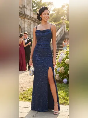Windsor women’s dress Navy Sequin Spaghetti Strap Evening Gown size XS thumbnail 2