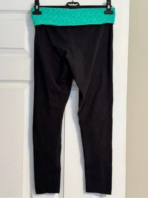Aerie Slim Gym Skinny Teal Lace Y2K Style Fold Over Waistband Black Leggings Med thumbnail 3