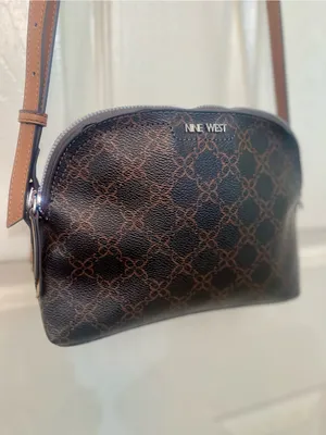 Nine West Dome Crossbody Bag Brown Monogram Coated Canvas Tan Strap GUC thumbnail 4