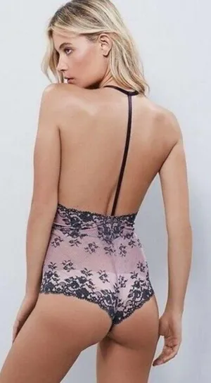 Free People Lace Bodysuit Too Cute to Handle Plunge Lingerie Sexy, Purple Medium thumbnail 2