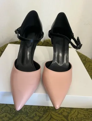 Pointed Two-Tone Ankle-Strap Heels in Pink and Black thumbnail 1