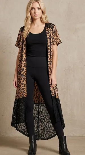 Leopard Print Black Lace Long Duster Kimono Cardigan NWT Boho Goth thumbnail 1