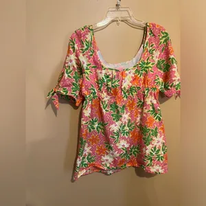 Lilly Pulitzer Floral Print Babydoll Short Sleeve‎ Top - size 8 thumbnail 3