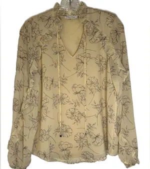 Calvin Klein Long Sleeve Ruffled Sheer Floral V-neck Tan Blouse‎ Pre-owned XS thumbnail 1