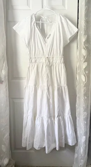 Free Assembly Tiered Midi Dress babydoll Drawstring Waist flutter sleeves sz S thumbnail 1