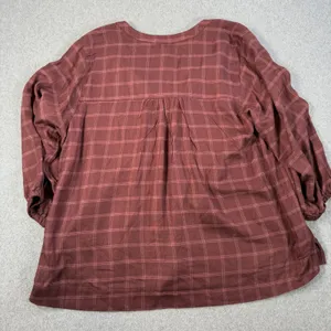 Wrangler Women's XL Burgundy Plaid Pleated V-Neck 3/4 Sleeve Peasant Blouse Top thumbnail 11