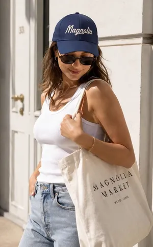 Magnolia Market Script Embroidered Navy Blue‎ Flexifit Baseball Cap Hat S/M NEW thumbnail 1