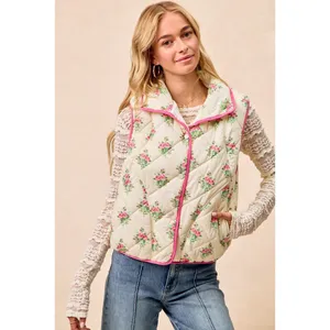 BiBi Floral Print Piping Detail Quilted Vest - Cream/Pink - Medium thumbnail 5