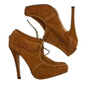 Charles by Charles David Brown Suede Fringe Heeled Booties Moccasins 8 Boho thumbnail 2
