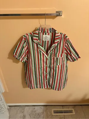 Printfresh Green, Red, Pink, & White Striped Short Sleeve Pajama Shirt thumbnail 2
