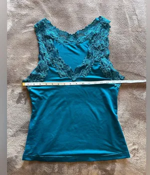FREDERICK’S OF HOLLYWOOD Blue Silky Lace Trim Cami Tank Top Vintage Sz L EUC thumbnail 5