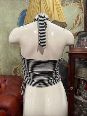 See You Monday Black White Striped Halter Top Ruched Side Tie Y2K NWT Large thumbnail 6
