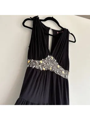 Black Embellished Empire Waist Dress Beaded Tiered Skirt with Tie Straps thumbnail 7