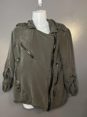 BLANKNYC Jacket Womens XS Green Twill Asymmetrical Zip Moto Biker Lined Utility thumbnail 2
