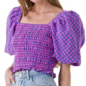 Endless Rose Gingham Smocked Puff Sleeve Crop Top | S thumbnail 1