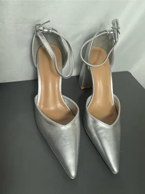 Silver Pointed-Toe wedding party elegant Block Heel Ankle Strap Pump Size 39 thumbnail 2