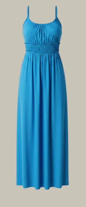Blue Tiered Ruffle Maxi Dress Sleeveless Spaghetti Strap Boho Jersey Knit Summer thumbnail 1