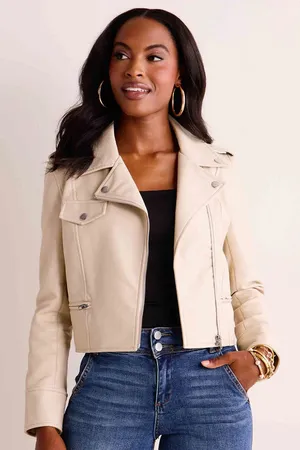 Avara Women's Vegan Leather Cream Colored Cropped Jacket Size S thumbnail 1