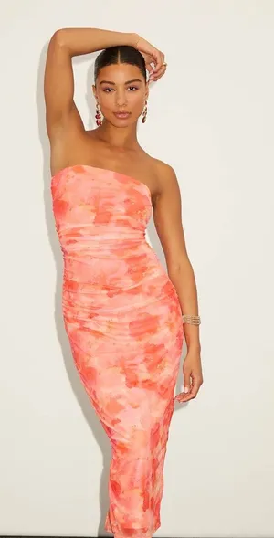NWT Lulus Late Night Crush Orange Multi Mesh Ruched Strapless Midi Dress Gala XS thumbnail 1