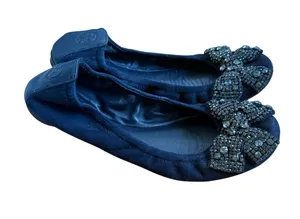 Tory Burch Navy Blue Suede Crystal Bow Eddie Flats thumbnail 1
