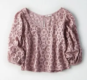 American‎ Eagle Outfitters Eyelet Puff Sleeve Crop Top Dusty Rose XS thumbnail 1