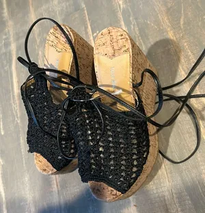 NWT‎ TONY BIANCO Beliba Black Crochet Cork Wedges Size 36 thumbnail 1